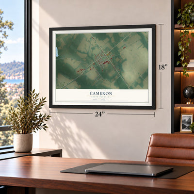 Cameron, South Carolina map, 18 x 24 inch print in a black frame in a home office