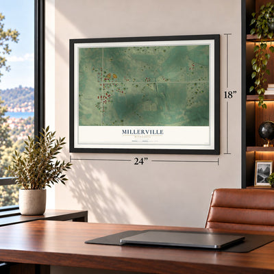 Millerville, Minnesota map, 18 x 24 inch print in a black frame in a home office