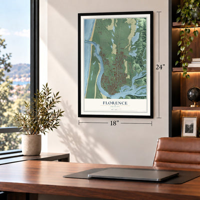 Florence, Oregon map, 18 x 24 inch print in a black frame in a home office