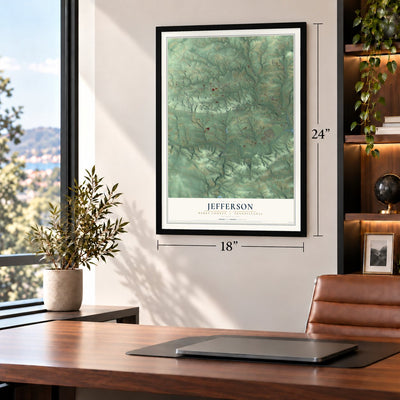 Jefferson, Berks County, Pennsylvania map, 18 x 24 inch print in a black frame in a home office