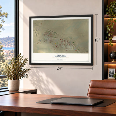 Vaughn, New Mexico map, 18 x 24 inch print in a black frame in a home office