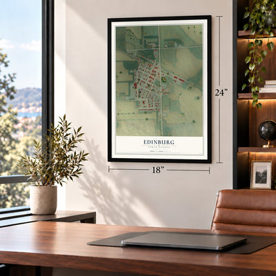 Edinburg, North Dakota map, 18 x 24 inch print in a black frame in a home office
