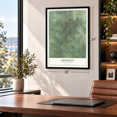 Aberdeen, North Carolina map, 18 x 24 inch print in a black frame in a home office