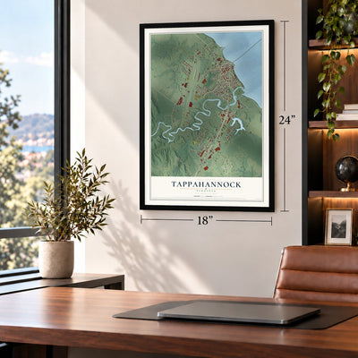 Tappahannock, Virginia map, 18 x 24 inch print in a black frame in a home office