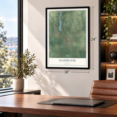 Gladewater, Texas map, 18 x 24 inch print in a black frame in a home office