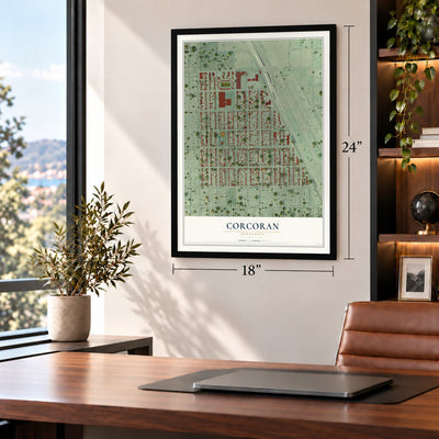 Corcoran, Minneapolis, Minnesota map, 18 x 24 inch print in a black frame in a home office