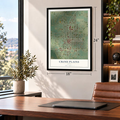 Cross Plains, Texas map, 18 x 24 inch print in a black frame in a home office