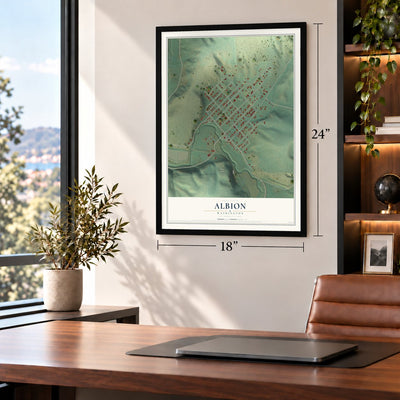 Albion, Washington map, 18 x 24 inch print in a black frame in a home office