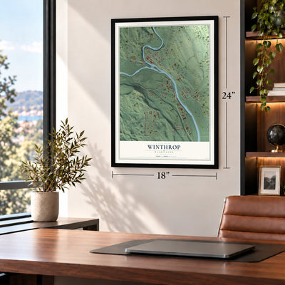 Winthrop, Washington map, 18 x 24 inch print in a black frame in a home office