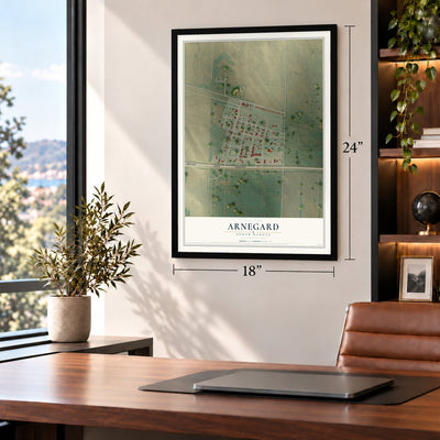 Arnegard, North Dakota map, 18 x 24 inch print in a black frame in a home office