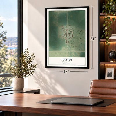 Tolstoy, South Dakota map, 18 x 24 inch print in a black frame in a home office