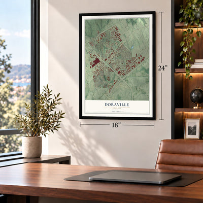 Doraville, Georgia map, 18 x 24 inch print in a black frame in a home office