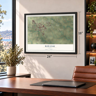 Red Oak, Texas map, 18 x 24 inch print in a black frame in a home office