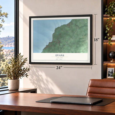 Evans, New York map, 18 x 24 inch print in a black frame in a home office