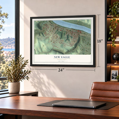 New Eagle, Pennsylvania map, 18 x 24 inch print in a black frame in a home office