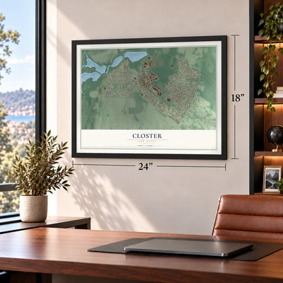Closter, New Jersey map, 18 x 24 inch print in a black frame in a home office