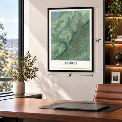 Flanders, New Jersey map, 18 x 24 inch print in a black frame in a home office