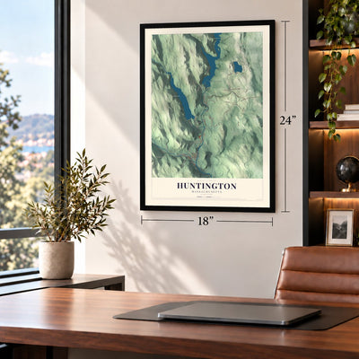 Huntington, Massachusetts map, 18 x 24 inch print in a black frame in a home office