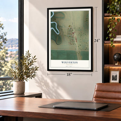 Wolverton, Minnesota map, 18 x 24 inch print in a black frame in a home office