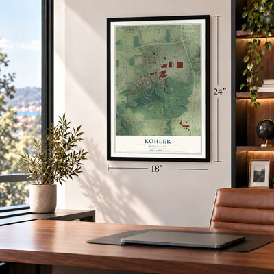 Kohler, Wisconsin map, 18 x 24 inch print in a black frame in a home office