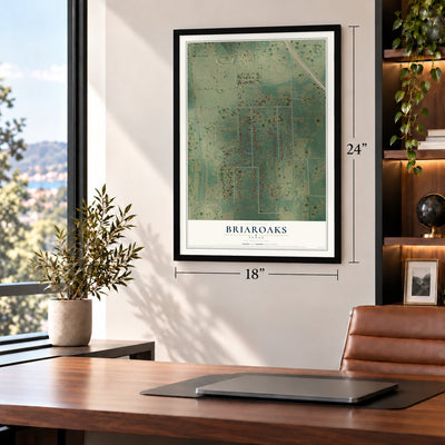 Briaroaks, Texas map, 18 x 24 inch print in a black frame in a home office