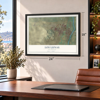 Los Lunas, New Mexico map, 18 x 24 inch print in a black frame in a home office