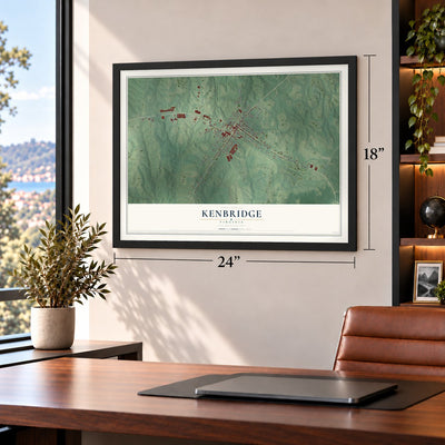Kenbridge, Virginia map, 18 x 24 inch print in a black frame in a home office