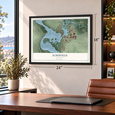 Schofield, Wisconsin map, 18 x 24 inch print in a black frame in a home office