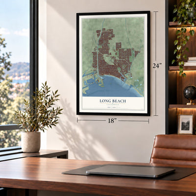 Long Beach, California map, 18 x 24 inch print in a black frame in a home office