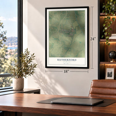 Rutherford, Tennessee map, 18 x 24 inch print in a black frame in a home office