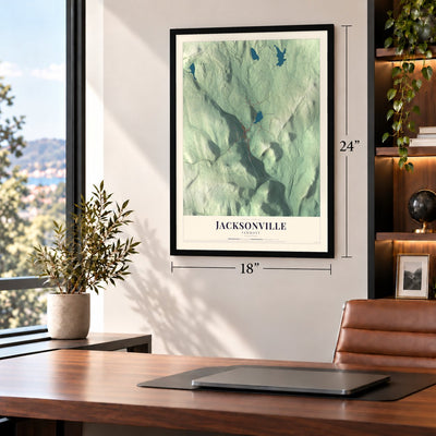Jacksonville, Vermont map, 18 x 24 inch print in a black frame in a home office