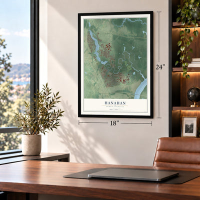 Hanahan, South Carolina map, 18 x 24 inch print in a black frame in a home office