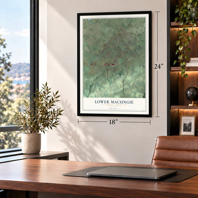 Lower Macungie, Pennsylvania map, 18 x 24 inch print in a black frame in a home office