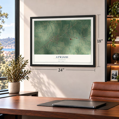 Atwood, Tennessee map, 18 x 24 inch print in a black frame in a home office