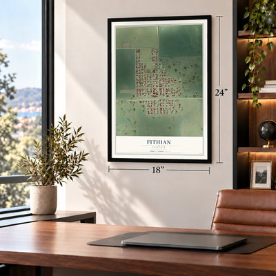 Fithian, Illinois map, 18 x 24 inch print in a black frame in a home office