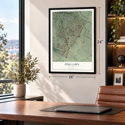 Pine Lawn, Missouri map, 18 x 24 inch print in a black frame in a home office