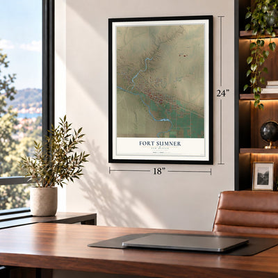 Fort Sumner, New Mexico map, 18 x 24 inch print in a black frame in a home office