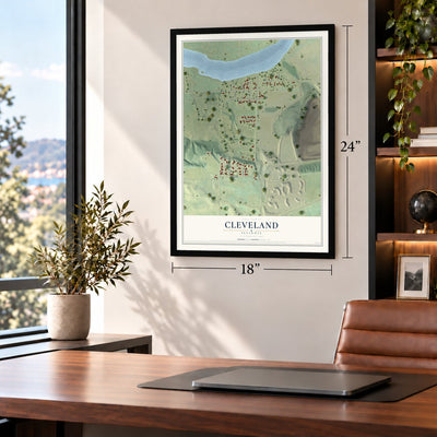 Cleveland, Illinois map, 18 x 24 inch print in a black frame in a home office