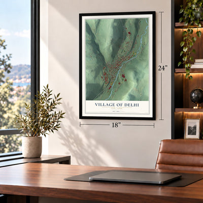 Village of Delhi, New York map, 18 x 24 inch print in a black frame in a home office