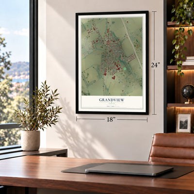 Grandview, Texas map, 18 x 24 inch print in a black frame in a home office