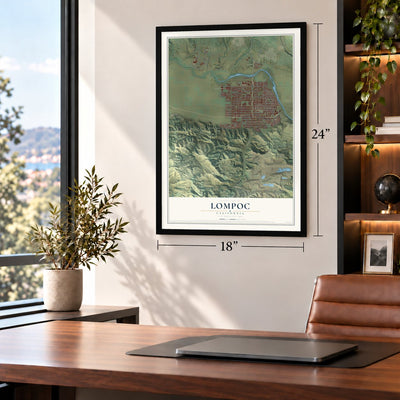 Lompoc, California map, 18 x 24 inch print in a black frame in a home office