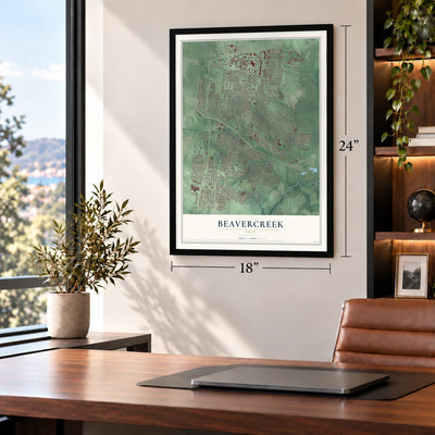 Beavercreek, Ohio map, 18 x 24 inch print in a black frame in a home office