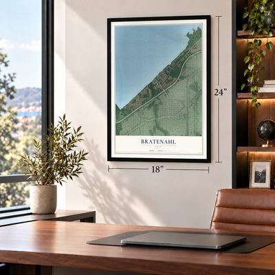 Bratenahl, Ohio map, 18 x 24 inch print in a black frame in a home office