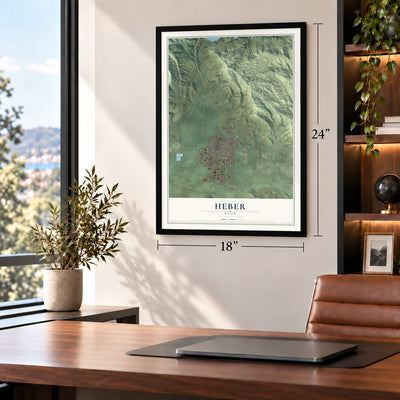 Heber, Utah map, 18 x 24 inch print in a black frame in a home office