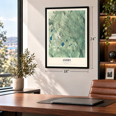 Ashby, Massachusetts map, 18 x 24 inch print in a black frame in a home office
