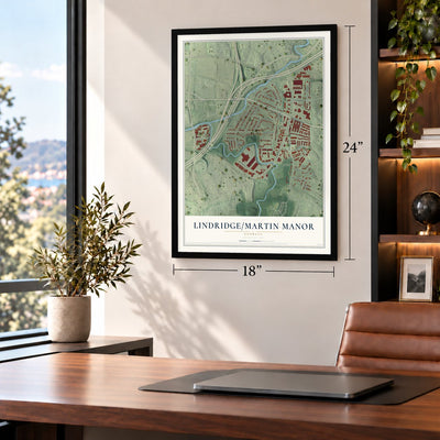 Lindridge-Martin Manor, Georgia map, 18 x 24 inch print in a black frame in a home office