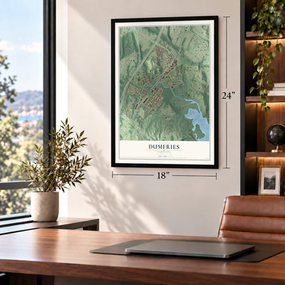 Dumfries, Virginia map, 18 x 24 inch print in a black frame in a home office