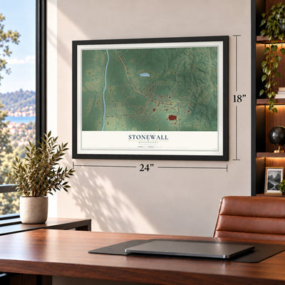 Stonewall, Mississippi map, 18 x 24 inch print in a black frame in a home office