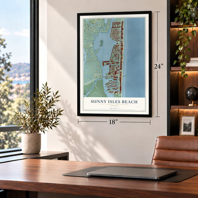 Sunny Isles Beach, Florida map, 18 x 24 inch print in a black frame in a home office