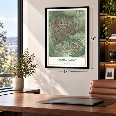 Carmel Valley, California map, 18 x 24 inch print in a black frame in a home office